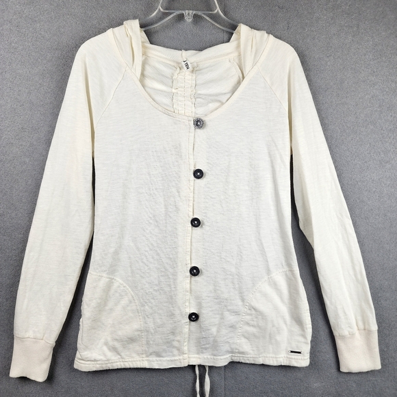 Hang Ten Cream Button-Up Hoodie Womens Medium Gathered Back Light Weight Casual - Picture 1 of 11